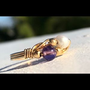 Gold tone ring with pearl and amethyst beads